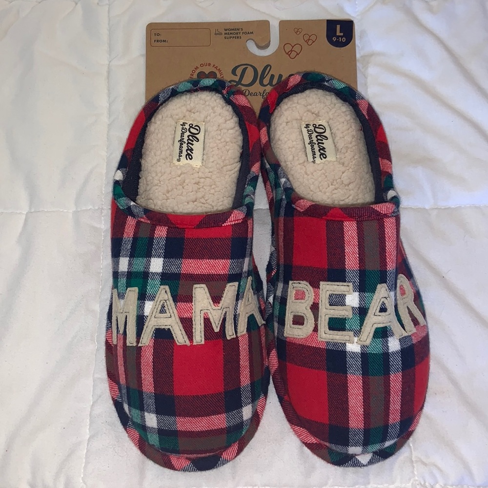 Mama Bear Plush Slippers - Dearfoams D luxe - Large Size 9 - 10 - Memory Foam